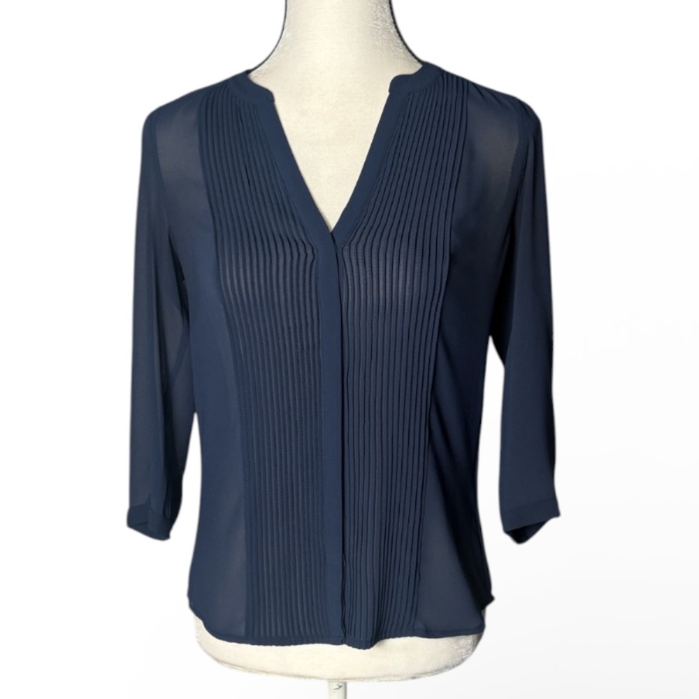 H&M Pleat Front Sheer Navy Blouse 3/4 Length Sleeves (Size 4)